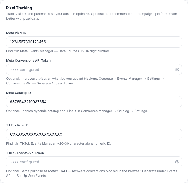 Pixel tracking section with Meta Pixel ID and TikTok Pixel ID fields
