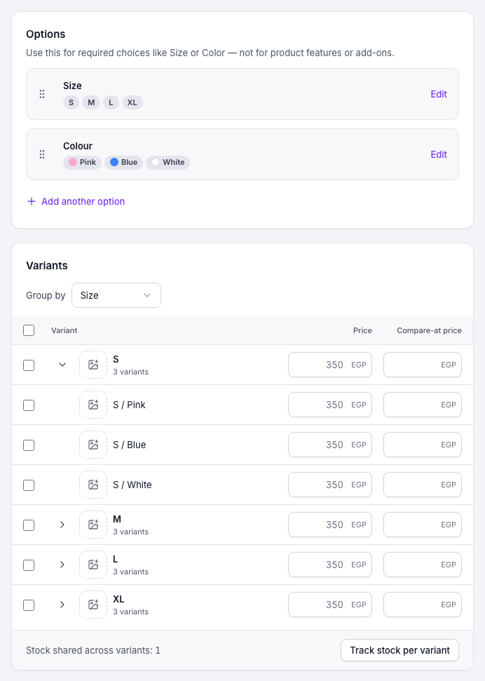 Charge More for Large — Set a Different Price Per Size or Color